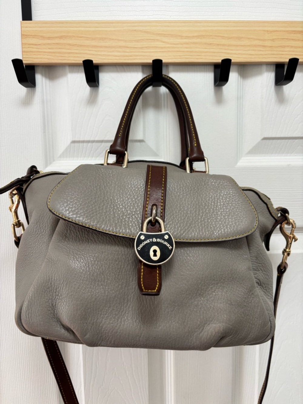 Dooney & Bourke Logo Lock Elephant Gray Pebbled Grain Leather Satchel in GUC